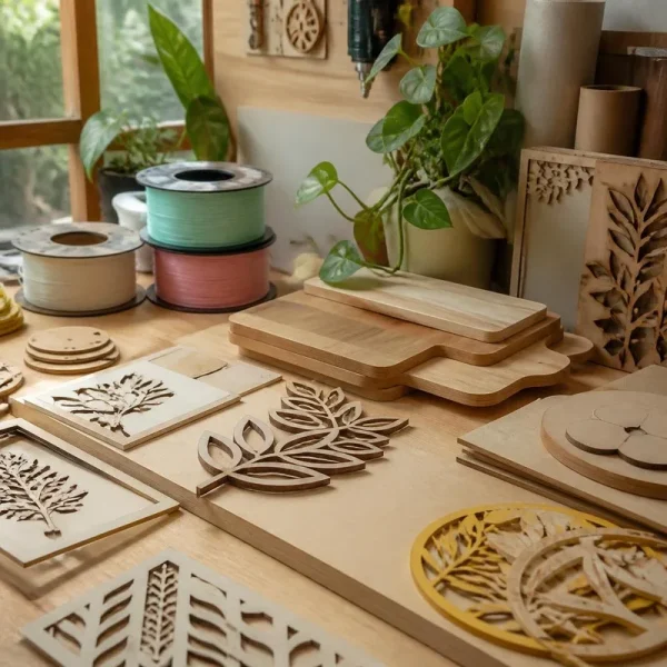 Piezas de madera cortadas a láser y bobinas de PLA en el taller de Miel de Limón